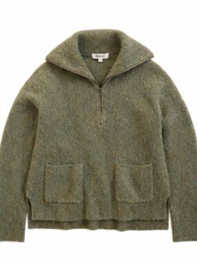 Madewell Green Wool Zip-Up Sweater – Kangaroo Pocket, Size M